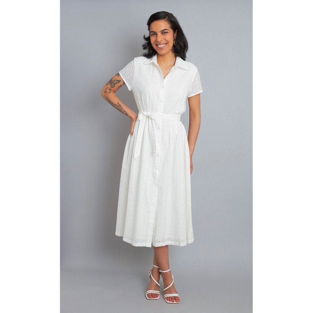 White Belted Button-Up Eyelet Midi Dress